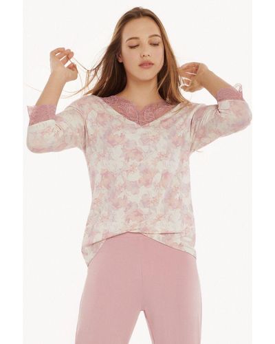 Lisca Floral 'Isabelle' 3/4 Length Sleeve Modal Pyjama Top - Pink