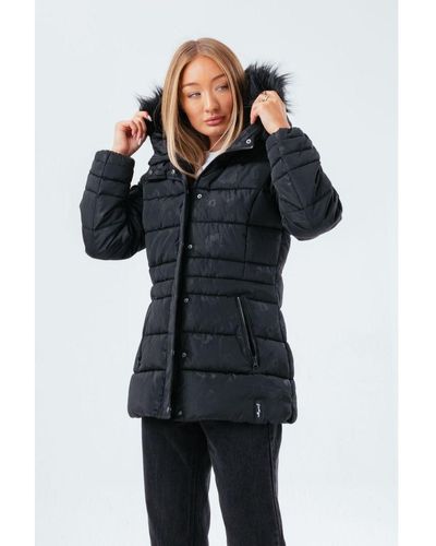 Hype Black Leopard Mid Length Padded Coat With Fur