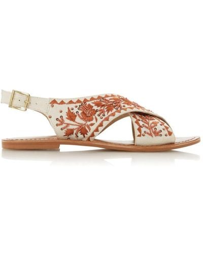 Bertie Ladies Luchia Embroidered Cross Over Sandals Canvas - Brown