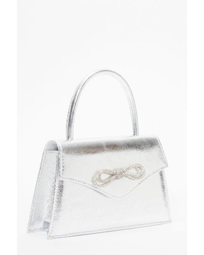 Quiz Silver Foil Diamante Bow Mini Tote Bag - White