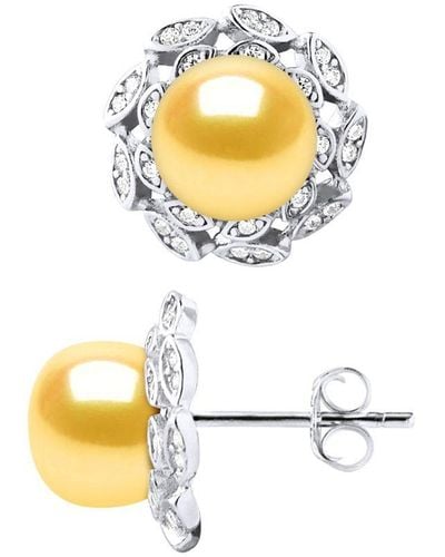 Diadema Stud Earrings Flower Zoet Water Beads Buttons 8-9mm Golden Silver 925 Jewelry - Metallic