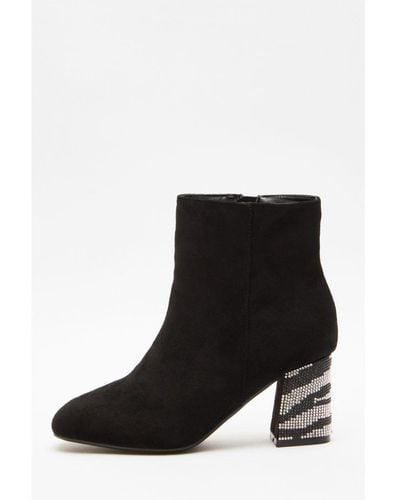 Quiz Wide Fit Diamante Heeled Ankle Boot - Black