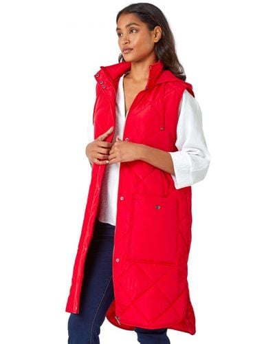 Roman Diamond Quilted Longline Gilet - Red