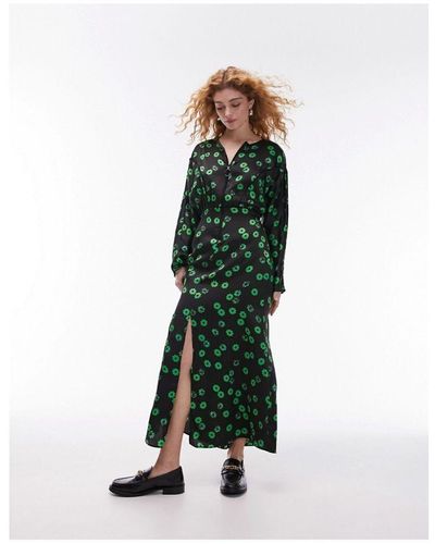TOPSHOP Zip Through Printed Floral Shirt Dress - Green