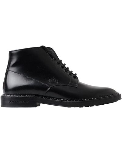 Dolce & Gabbana Black Leather Short Boots Lace Up Shoes