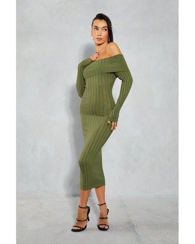 MissPap Knitted Wide Ribbed Folded Bardot Midaxi Dress - Green