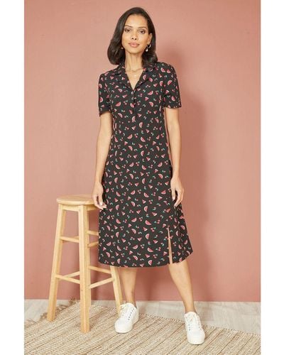 Yumi' Recycled Watermelon Print Shirt Dress With Side Split - Black