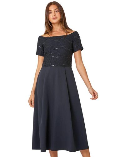 Roman Lace Bardot Midi Stretch Dress - Blue