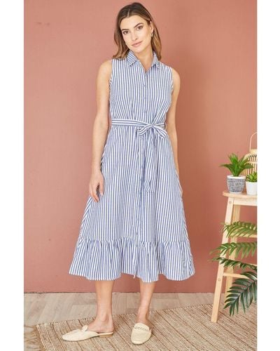 Yumi' Striped Sleeveless Midi Shirt Dress Cotton - Blue