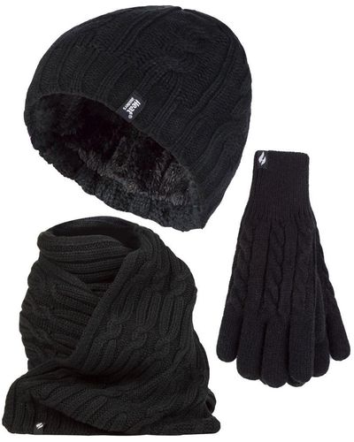 Heat Holders Ladies Knitted Hat Scarf & Gloves Set - Black