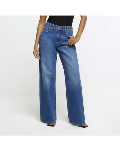 River Island Straight Jeans Petite Mid Rise Cotton - Blue