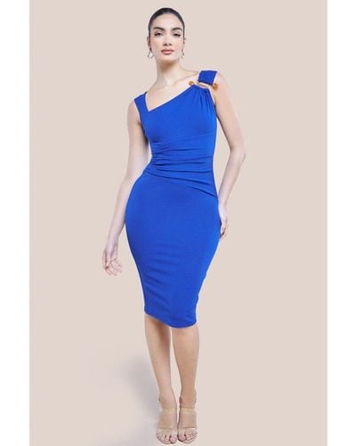 Goddiva Scuba Crepe Asymmetric Neck Midi Dress - Blue