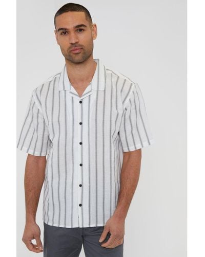 Threadbare Off 'Sati' Linen Blend Short Sleeve Revere Collar Stripe Shirt - White