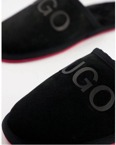 HUGO Large Logo Suede Mule Slippers In Black Leather