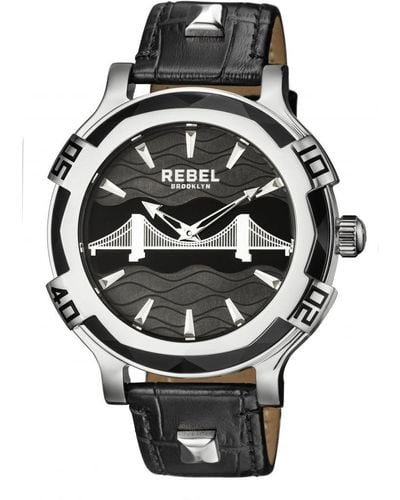 Rebel Brooklyn Bridge Black Dial Leather Watch