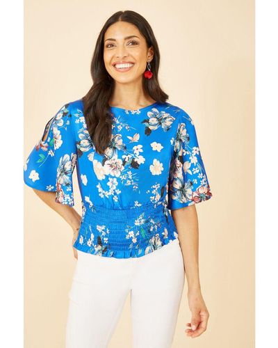 Yumi' Blue Floral Satin Top With Angel Sleeves