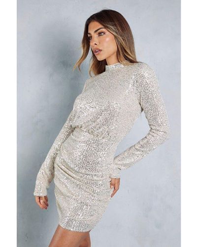 MissPap Sequin Ruched Open Back Long Sleeve Bodycon Mini Dress - Grey