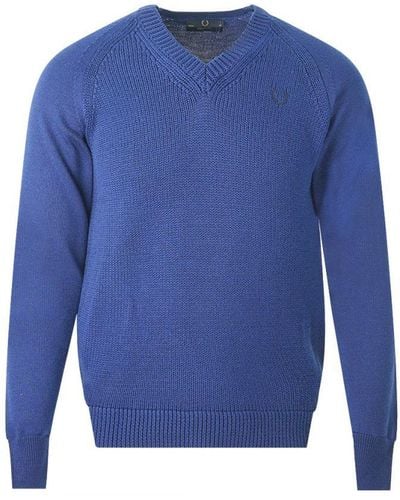 Fred Perry Blauwe Kabeltrui Met V-hals