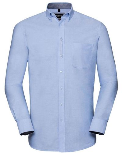 Russell Collection Oxford Tailored Long-Sleeved Shirt (Oxford/Oxford) Cotton - Blue