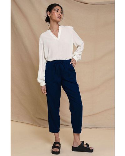 Threadbare Petite Linen Blend 'Rosewood' Tapered Trousers - Blue