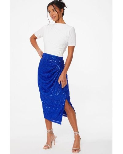 Quiz Petite Royal Blue Sequin Ruched Midi Skirt