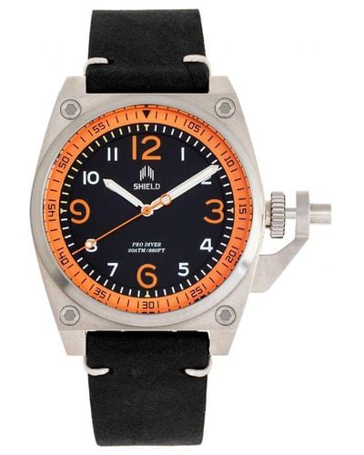 Shield Pascal Leather-Band Diver Watch - Orange