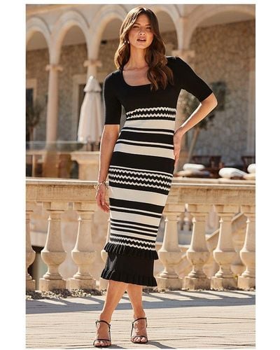 Sosandar Stripe Frill Detail Knitted Midi Dress - Brown