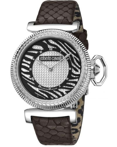 Roberto Cavalli : Silver Dial Brown Leather Watch - Grey