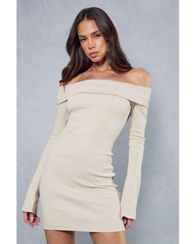 MissPap Rib Off The Shoulder Long Sleeve Mini Dress - Grey