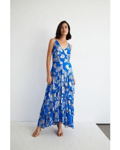 Warehouse Sparkle Jacquard Ruffle Maxi Dress - Blue