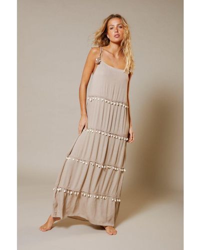 Warehouse Crinkle Viscose Shell Tiered Maxi Dress - Brown
