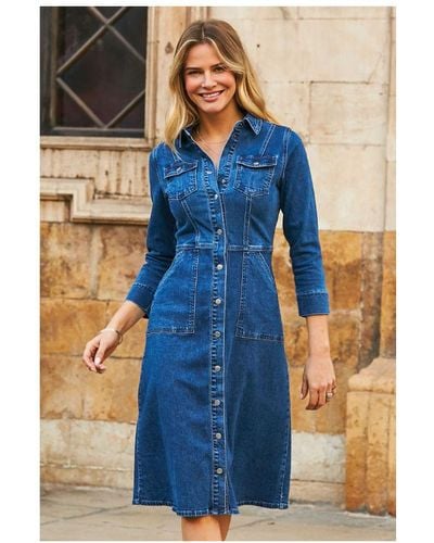 Sosandar Mid Popper Front Denim Midi Dress With Pockets Cotton - Blue