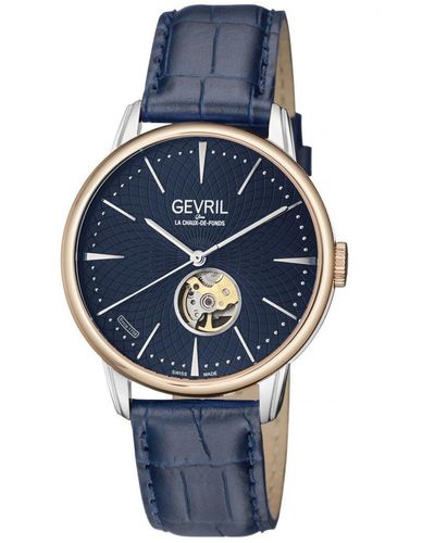 Gv2 Gevril Mulberry 9605 Swiss Automatic Open Heart Silver Dial Calfskin Leather Watch - Blue
