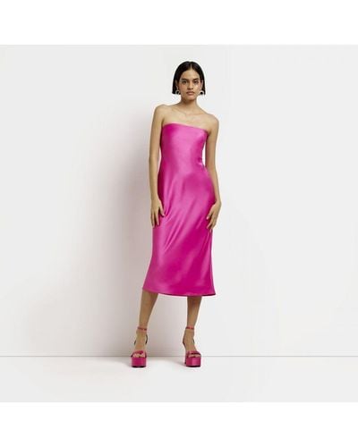 River Island Bandeau Midi Dress Satin - Pink