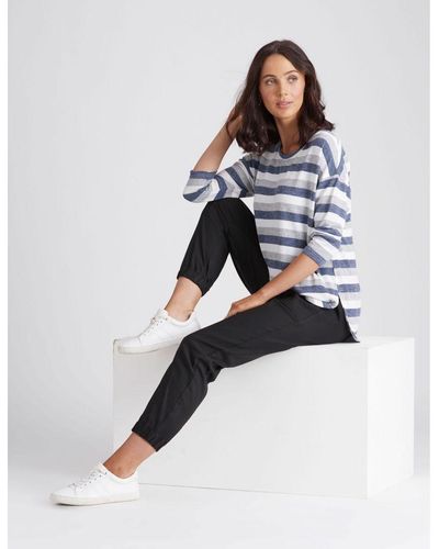 Katies Stripe Fluffy Knitwear Top White & Navy - Blue