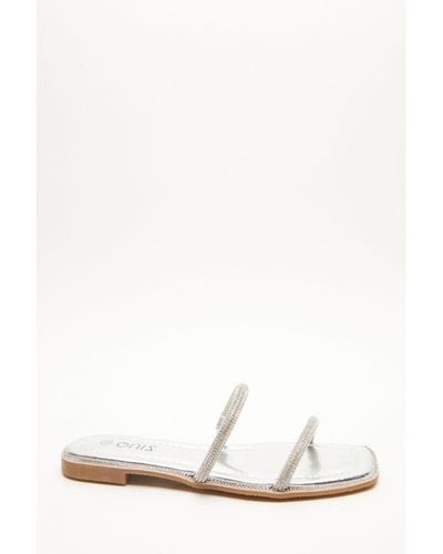 Quiz Silver Diamante Strap Flat Sandals Polyurethane - White