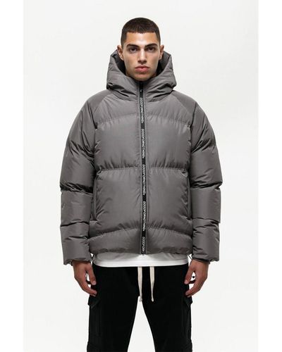 Good For Nothing Funnel Neck Hooded Puffer Jacket With Branded Zip - Grey