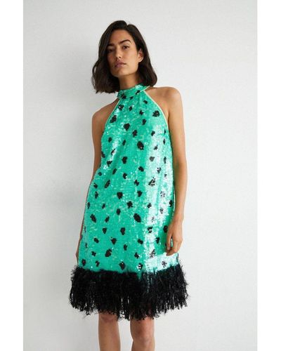 Warehouse Halter Neck Feather Trim Sequin Mini Dress - Green