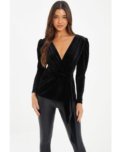 Quiz Black Velvet Wrap Tie Top