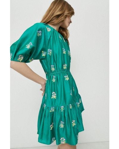 Warehouse Embroidery Puff Sleeve Mini Dress - Green