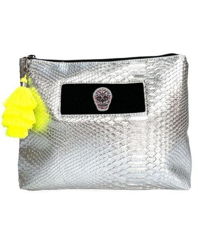 Apatchy London Silver Snakeskin Wash Bag With Flower Skull & Neon Yellow Tassel Faux Leather - White