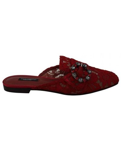 Dolce & Gabbana Red Lace Crystal Slide On Flats Shoes Rayon