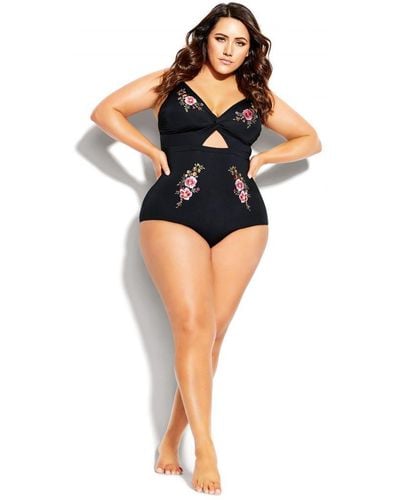City Chic Plus Size Folk Floral Embroidered 1 Piece Swimsuit - Black