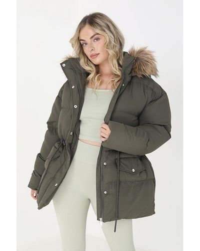Brave Soul 'Narla' Mid Length Puffer Parka With Faux Fur Hood - Grey