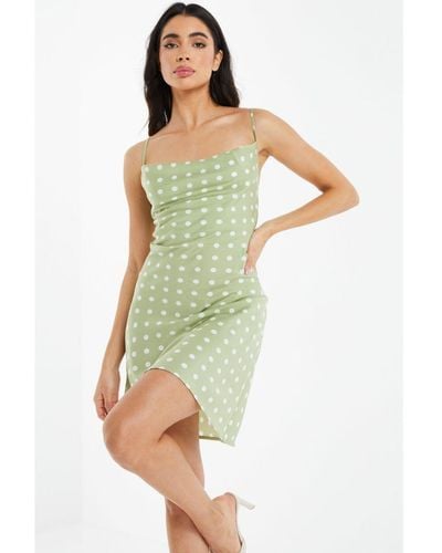 Quiz Sage Polka Dot Satin Mini Slip Dress - Green