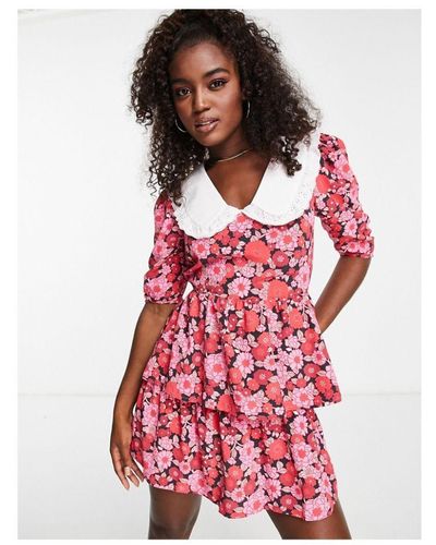 Miss Selfridge Collared Ruched Sleeve Tiered Tea Dress