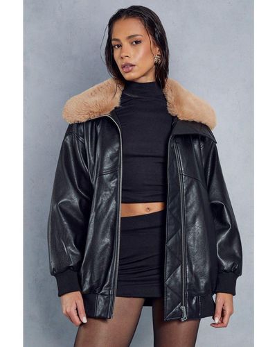 MissPap Fur Collar Oversized Leather Look Bomber Jacket - Blue