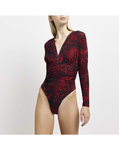 River Island Bodysuit Red Animal Print Ruched