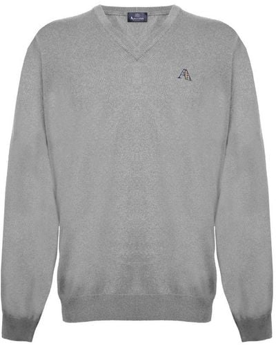 Aquascutum Long Sleeved/v-neck Knitwear Jumper With Logo - Grey