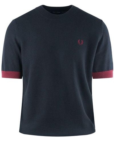 Fred Perry Contrast Trim Laurel Wreath Logo Knitted T-Shirt - Blue